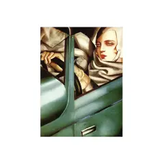 A striking self-portrait of a woman driving a sleek, green Bugatti. Her gaze is intense, her red lips bold, and her hands confidently grip the steering wheel.