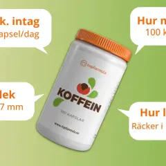 En burk med koffeinkapslar. Texten förklarar hur koffein påverkar kroppen, med information om rekommenderat intag, antal kapslar och hur länge de räcker.
