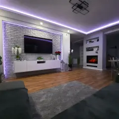 Nowoczesny salon z ceglaną ścianą i telewizorem, pięknie podświetloną fioletowym światłem. Świetny pomysł na podświetlenie ściany!