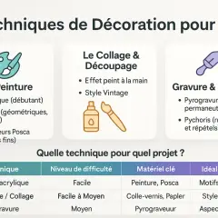 Tableau comparatif des techniques de décoration pour boîtes en bois : peinture, collage, gravure. Une idée décoration boite en bois pour chaque style.