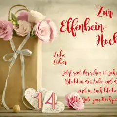 Elfenbein-Hochzeit nach 14 Jahren! Ein Strauß rosa Rosen und Herzen schmücken die Karte. Möge die Liebe ewig währen.