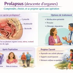 Illustration expliquant le prolapsus et ses options de traitement, incluant la chirurgie réparatrice pour un prolapsus stade 3.