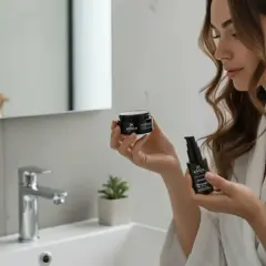 Mujer en bata blanca sosteniendo dos productos de cuidado facial, una crema y un sérum, para su rutina de orden cremas cara.