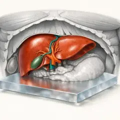 Anatomical illustration of the human liver, gallbladder, and pancreas, viewed from above, resting on a metallic surface. The liver is a vibrant red, with green gallbladder and blue/orange ducts.