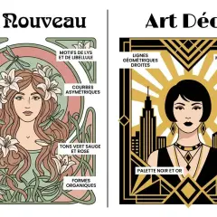 Comparaison entre l'Art Nouveau (femme aux libellules, formes organiques) et l'Art Déco (femme stylisée, lignes géométriques, motif chevron).