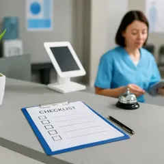 La segretaria poliambulatorio, con camice blu, è al bancone con un foglio e una campanella. Sul bancone, un vaso con tulipani bianchi e una checklist.