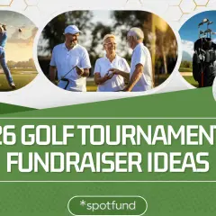 Golf tournament fundraiser ideas: a golfer swings, friends chat, and a golf bag stands ready.