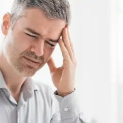 Mężczyzna z ręką na skroni, cierpiący na zawroty głowy i wymioty, z zamkniętymi oczami.