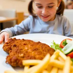 Niña sonriente mira un plato con una jugosa milanesa de ternera, papas fritas y ensalada.