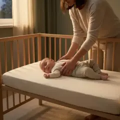 Mama delikatnie kładzie śpiące dziecko do łóżeczka, ucząc je samodzielnego zasypiania.