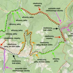 Planowanie trasy w górach: zielone linie oznaczają wliczone, pełne szlaki, pomarańczowe i czerwone – niewliczone, z brakami lub niepełne.