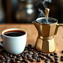 Dampf steigt aus einer goldenen Mokkakanne neben einer Tasse Kaffee und Kaffeebohnen. Ein Genuss für Liebhaber von Mokka vs. Espresso.