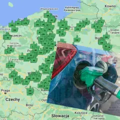 Mapa Polski i okolic z zaznaczonymi stacjami paliw. Widoczny jest dystrybutor paliwa, sugerujący podróż i tankowanie CNG i LPG.