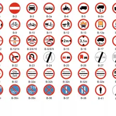 Zbiór znaków drogowych, w tym zakazy, nakazy, ostrzeżenia i informacyjne. Każdy znak drogowy ma swój numer.