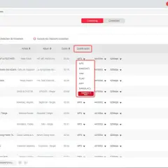 Interface de conversion audio, avec des options de qualité audio comme MP3, M4A, WAV, FLAC, AIFF, masterisé pour Apple.