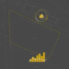 Mapa z zaznaczonym terenem i ikoną domu. Wykres słupkowy sugeruje analizę cen działek budowlanych.