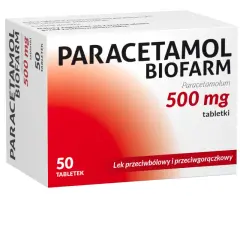 Opakowanie leku Paracetamol Biofarm 500 mg, zawierające 50 tabletek. Lek przeciwbólowy i przeciwgorączkowy.