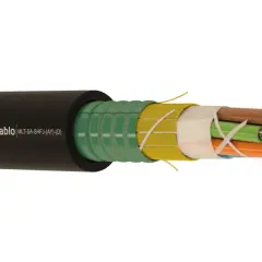 Corte transversal de un cable lszh con múltiples conductores de colores, envueltos en capas protectoras y una cubierta exterior negra.
