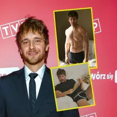 Maciej Musiał wzrost. Aktor w garniturze i dwie wstawki z sesji w bieliźnie.