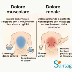 Confronto tra dolore muscolare e renale. Il dolore muscolare è superficiale, peggiora col movimento e dà sollievo con massaggi e calore. Il dolore renale è profondo, costante, associato a sintomi urinari e manovra lombare positiva.