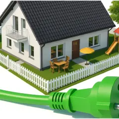 Zielony kabel z wtyczką otacza dom z placem zabaw. To symbol magazynu ciepła i ekologicznej energii dla domu.