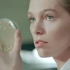 Małgorzata Braunek, młoda kobieta z warkoczem, bada pod mikroskopem szalkę Petriego.
