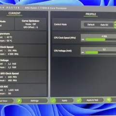 AMD Ryzen Master pokazuje ustawienia profilu CPU, w tym undervolting CPU poprzez obniżenie napięcia do 1,1V.