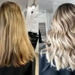 Przed i po: matowe, zniszczone włosy zamienione w lśniący, wielowymiarowy balejaż blond z subtelnymi refleksami.