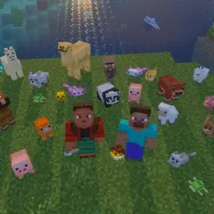 Steve i Alex otoczeni przez wszystkie moby z Minecrafta: lamy, konie, lisy, króliki, owce, świnie, pandy, axolotl, krowy, delfiny, żółwie i inne.