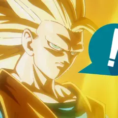 Goku als Super Saiyajin, mit seinem ikonischen goldenen Haar und einem Ausrufezeichen in einer Sprechblase.