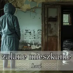 Osoba w płaszczu stoi w zalanej piwnicy. Woda sięga do kolan, a ściany są zniszczone. To symboliczny obraz, jakby sen o zalanej piwnicy.