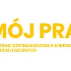 Logo "Mój Prąd" z symbolem słońca. Program dofinansowania mikroinstalacji fotowoltaicznych. Sprawdź wysokość dofinansowania w programie Mój Prąd 5.0.