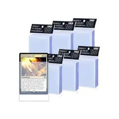 A Magic: The Gathering card, "Spirit-Sisters Call," is shown next to several stacks of clear, perfect fit card sleeves.
