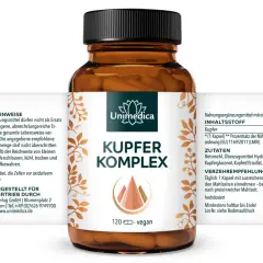 Flasche mit Kupfer Komplex Kapseln. Kupfer unterstützt den Schutz der Zellen vor oxidativem Stress. Täglich 1 Kapsel einnehmen.