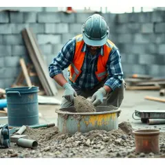Bauarbeiter mischt Material, das zur Herstellung von Zement verwendet wird.