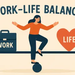 Ilustracja symbolizująca work-life balance: kobieta balansuje na kuli, między teczką "WORK" a sercem "LIFE".