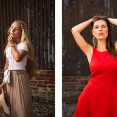 Split image: blonde woman in white top and beige skirt, holding a hat; woman in red dress with hands behind head. A visual comparison of 50mm vs 85mm lens effects.