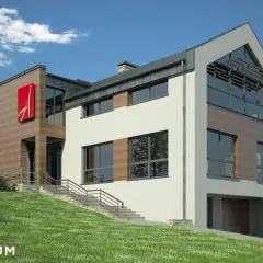 Nowoczesny budynek usługowy z częścią mieszkalną, z drewnianymi i białymi elewacjami, dużymi oknami i zielonym trawnikiem.