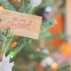 Zawieszka na choince z napisem "Merry Christmas!" w języku angielskim, otoczona igliwiem i migoczącymi światełkami.