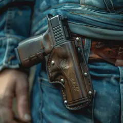 Pistolet w skórzanej kaburze na pasie, gotowy do użycia. Opłata za pozwolenie na broń to koszt legalnego posiadania.