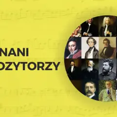 Kolaż portretów znanych kompozytorów, w tym Chopina, Mozarta i Bacha, na tle nut.