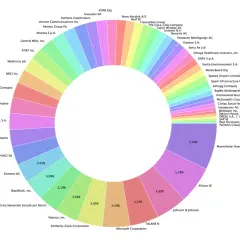 Kreisdiagramm zeigt verschiedene Unternehmen, die als **Aktien zum Investieren** dienen. Die Segmente repräsentieren unterschiedliche Firmen wie Microsoft, Johnson & Johnson und Allianz SE.