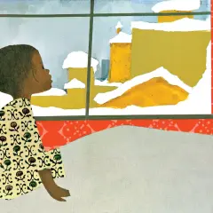 A child in a patterned outfit gazes out a window at snowy day illustrations of yellow buildings covered in white.