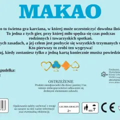 Gra karciana "Makao" dla 2+ graczy, wiek 7+. Zasady proste, cel: pozbyć się kart. Pamiętaj o okrzyku "makao"!