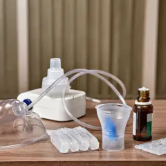 Kit d'inhalation pour aider à comment dégager les bronches du mucus. Masque, nébuliseur, ampoules et flacon de solution saline.