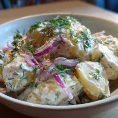 Krämig potatissallad med dill och rödlök, perfekt som tillbehör till grillat.