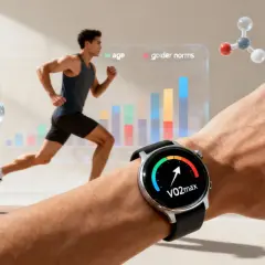 Ein Läufer im Hintergrund, eine Smartwatch am Handgelenk zeigt VO2max an. Die Uhr hilft zu verstehen, wie schnell man geht und wie die Leistung im Vergleich zu Alters- und Geschlechternormen ist.