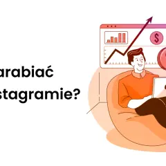 Mężczyzna z laptopem na wygodnej pufie, analizujący wykresy wzrostu i monety z symbolem dolara. Ilustracja pokazuje, jak zarabiać na Instagramie.