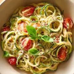 Eine Schüssel cremiger Pasta mit Zucchini, Kirschtomaten und frischem Basilikum, garniert mit Chiliflocken.
