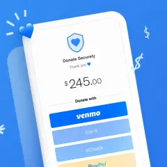 A phone screen shows a donation page with a $245.00 amount and a "Donate with Venmo" button, highlighting the ease of using a Venmo organization account for charitable giving.